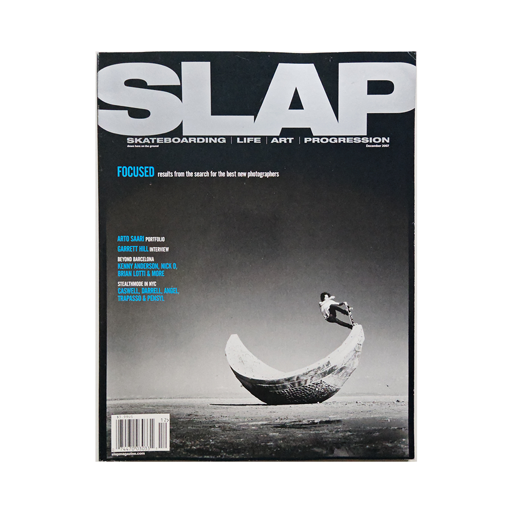 Portada de la revista de skate Slap de diciembre de 2007, volumen 16 número 185. Diseño original clásico del skateboarding - Cultofskateboarding.net Cultofskateboarding.es