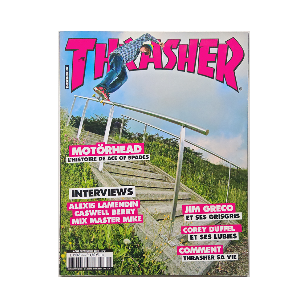 Portada de la revista Thrasher France, número 24 de agosto septiembre de 2009. Diseño original clásico del skateboarding - Cultofskateboarding.net